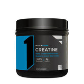 Rule One Creatine supplement jar, 100% creatine monohydrate, supports muscle size and endurance.