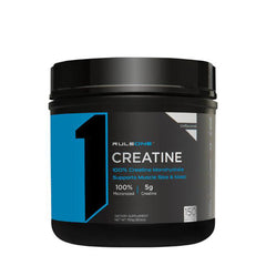 Rule One Creatine supplement jar, 100% creatine monohydrate, supports muscle size and endurance.