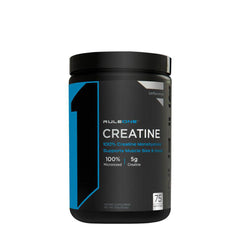 Rule One Creatine powder jar, 100% creatine monohydrate, supports muscle strength and recovery.