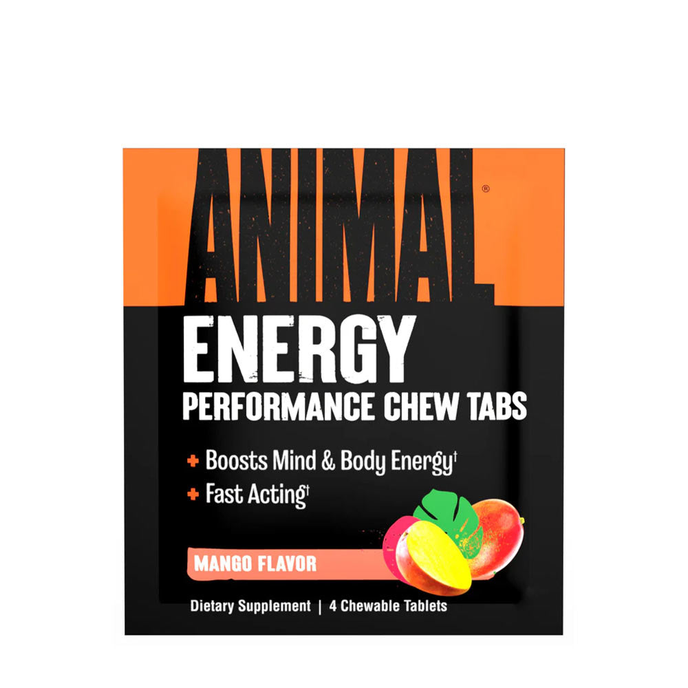 Universal Nutrition Animal Energy Chews in mango flavor for quick energy boost, featuring 4 chewable tablets.