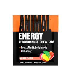 Universal Nutrition Animal Energy Chews in mango flavor for quick energy boost, featuring 4 chewable tablets.