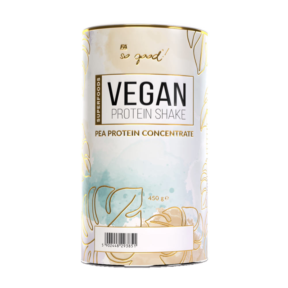 So Good! Vegan Protein Shake canister featuring pea protein concentrate, 450g size.