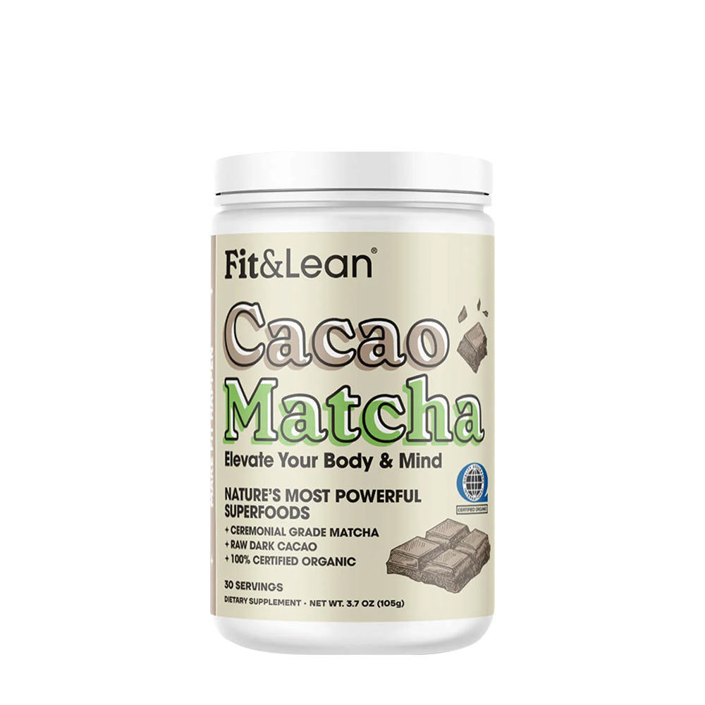 Fit&Lean Cacao Matcha superfood blend with ceremonial matcha and raw cacao for health benefits.