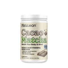 Fit&Lean Cacao Matcha superfood blend with ceremonial matcha and raw cacao for health benefits.