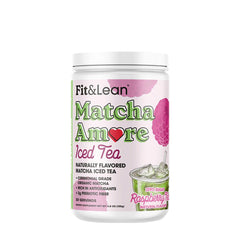 Fit & Lean Matcha Amore Iced Tea with raspberry flavor, made from organic matcha, zero sugar, 30 servings.