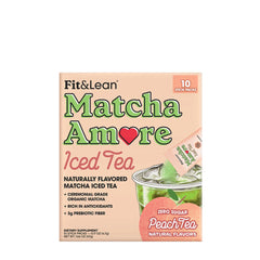 Fit & Lean Matcha Amore Iced Tea box with natural peach flavor and stick packs, rich in antioxidants and no added sugar.
