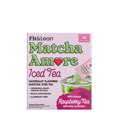 Fit & Lean Matcha Amore Iced Tea box with raspberry flavor, 10 stick packs, zero sugar and antioxidant-rich ingredients.