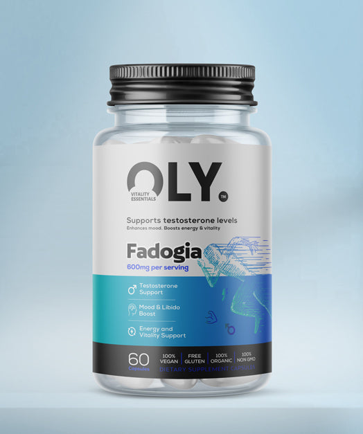 Oly Fadogia Agrestis 600mg supplement bottle supports testosterone, mood, libido, and energy with 60 vegan capsules.