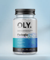Oly Fadogia Agrestis 600mg supplement bottle supports testosterone, mood, libido, and energy with 60 vegan capsules.