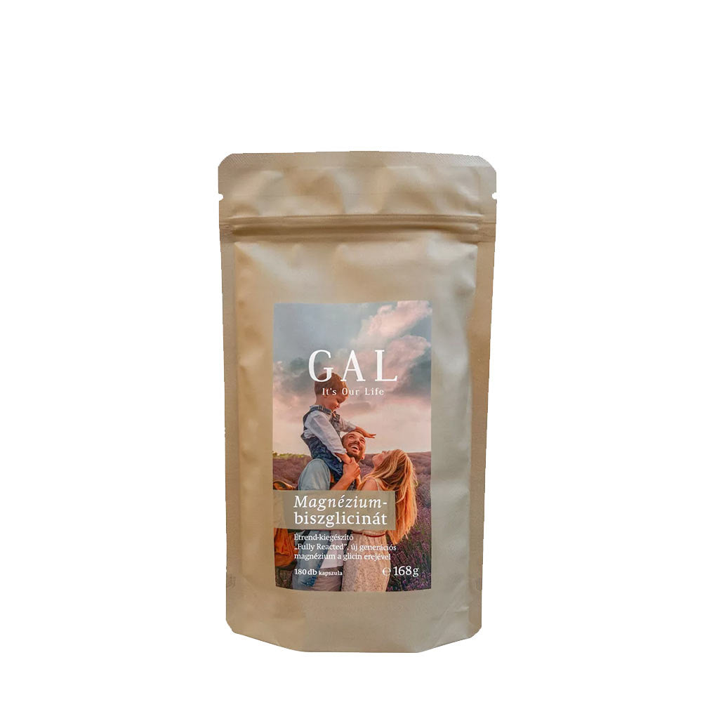 GAL Magnesium-bisglycinate packaging showing benefits for muscle function and relaxation.