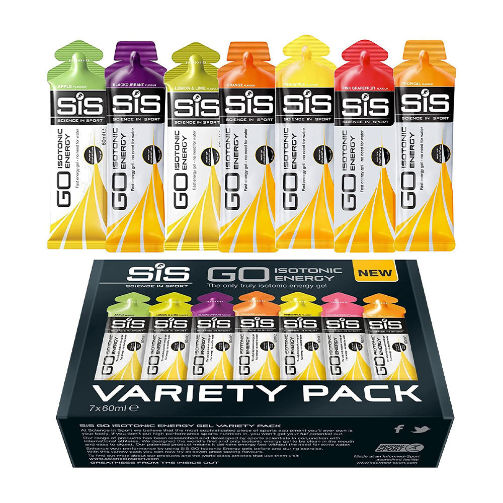 SiS GO Isotonic Energy Gel Variety Pack featuring seven flavors for quick energy delivery during workouts.