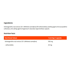 Ashwagandha 500mg extrakt baksida näringsfakta