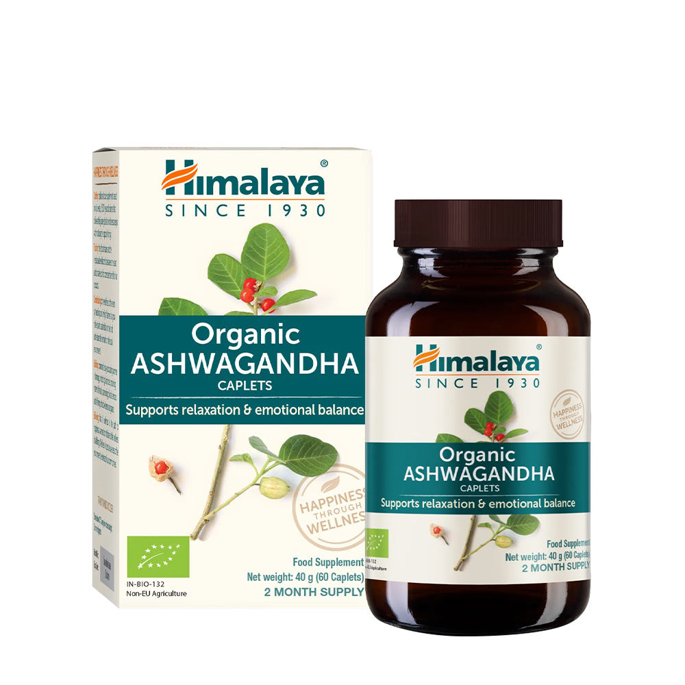 Himalaya Organic Ashwagandha caplets for relaxation, emotional balance, and stress support.