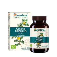 Himalaya Organic Tribulus caplets bottle and box for men's libido support and vitality.