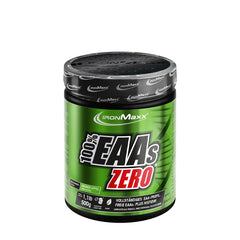 Ironmaxx 100% EAA Zero powder container, 500g, for muscle recovery, sugar-free, with essential amino acids, green apple flavor.