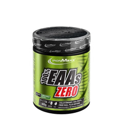 Ironmaxx 100% EAA Zero supplement jar, essential amino acids for muscle recovery, sugar-free with natural sweeteners.