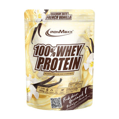 Ironmaxx 100% Whey Protein in French Vanilla flavor, 500g package with high protein content for muscle growth.