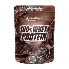 Ironmaxx 100% Whey Protein in milk chocolate flavor, 500g pack, high protein supplement for muscle growth.