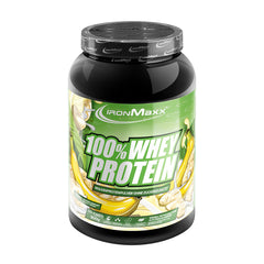 Ironmaxx 100% Whey Protein tub featuring banana flavor, high protein content, ideal for muscle growth and recovery.