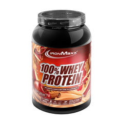 Ironmaxx 100% Whey Protein powder jar with chocolate flavor, high protein content for muscle growth.