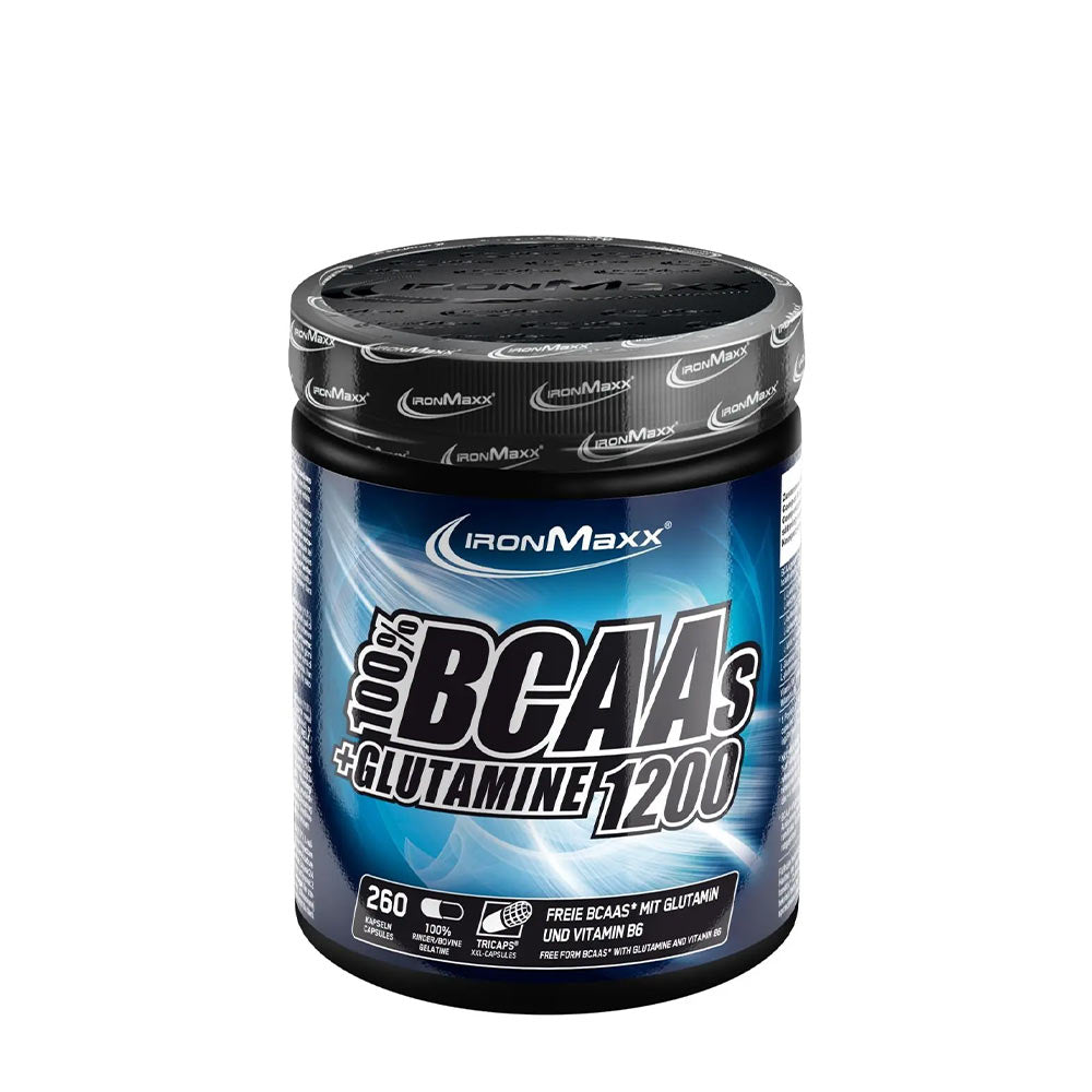 Ironmaxx BCAAs + Glutamine 1200 protein supplement powder container with 260 servings