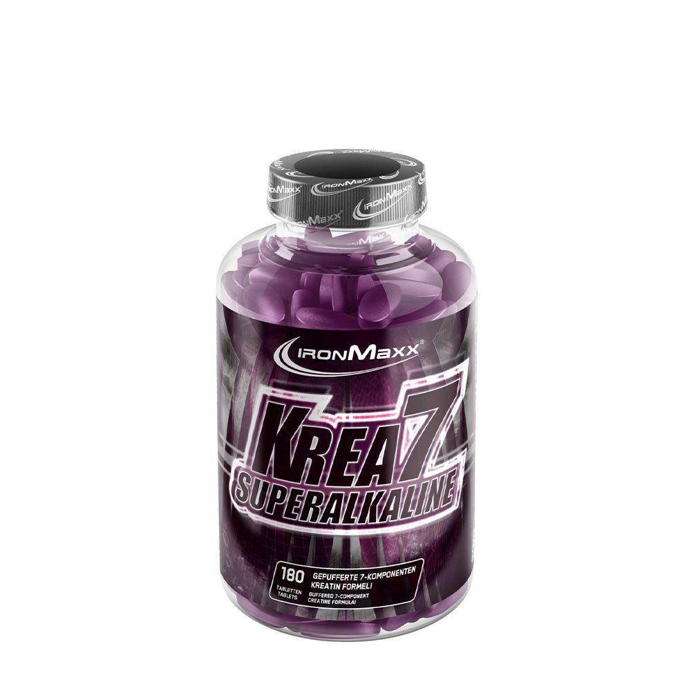 Ironmaxx Krea7 Superalkaline creatine tablets in a bottle, 180 count, featuring a 7-component formula.