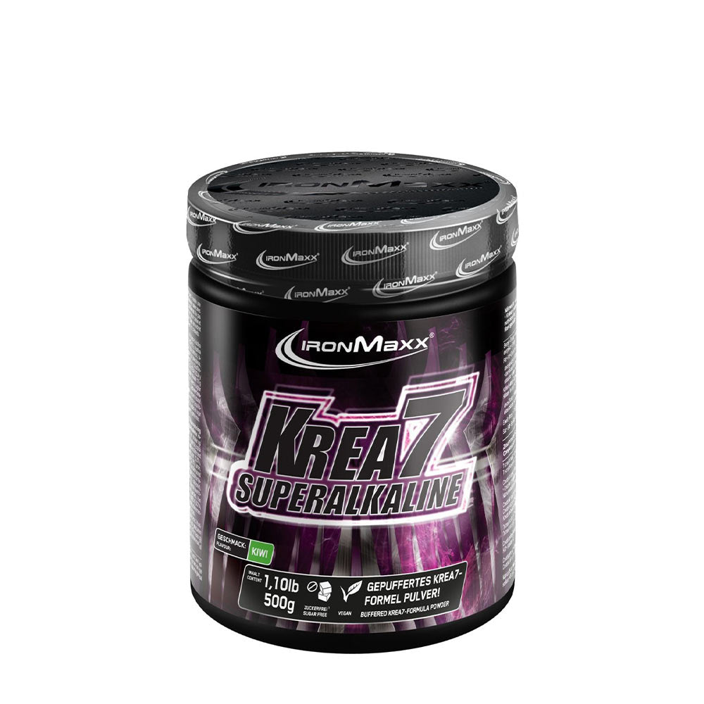 Ironmaxx Krea7 Superalkaline creatine powder container with a black and purple design.