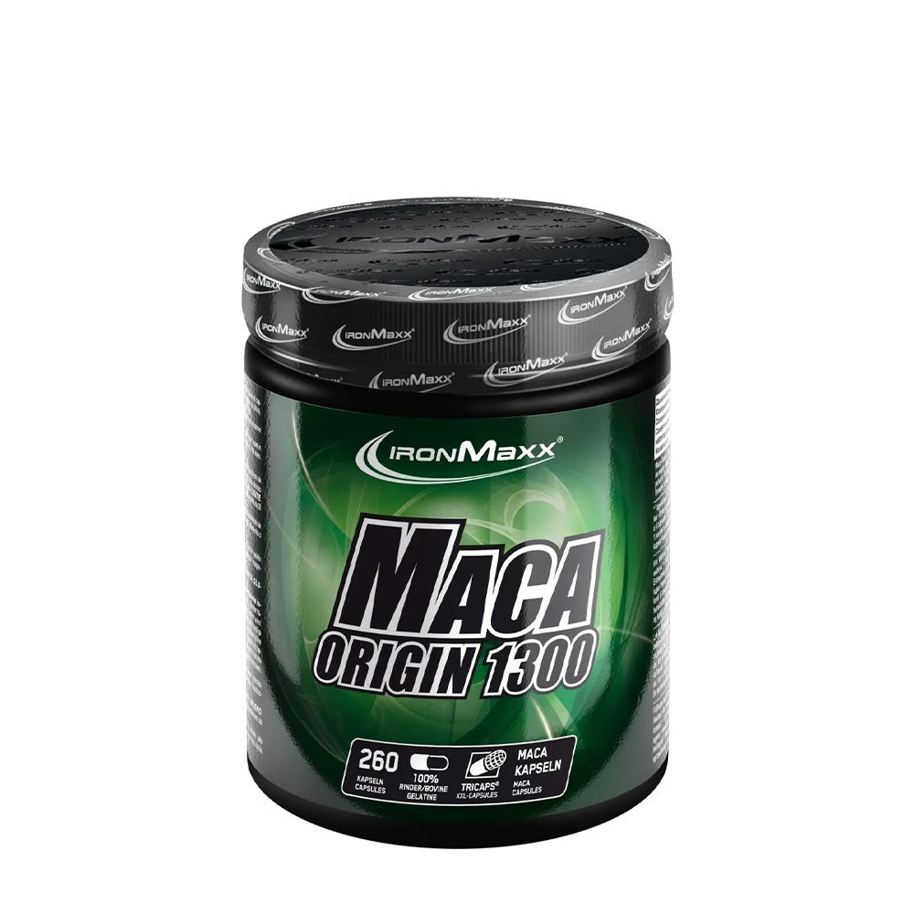 IronMaxx Maca Origin 1300 supplement jar, featuring 260 maca capsules for natural protein power.