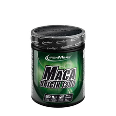 IronMaxx Maca Origin 1300 supplement jar, featuring 260 maca capsules for natural protein power.