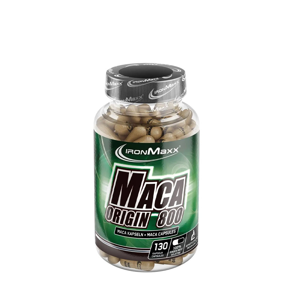 Ironmaxx Maca Origin 800 capsules, natural plant-based extract for muscle builders, 130 capsules per bottle.