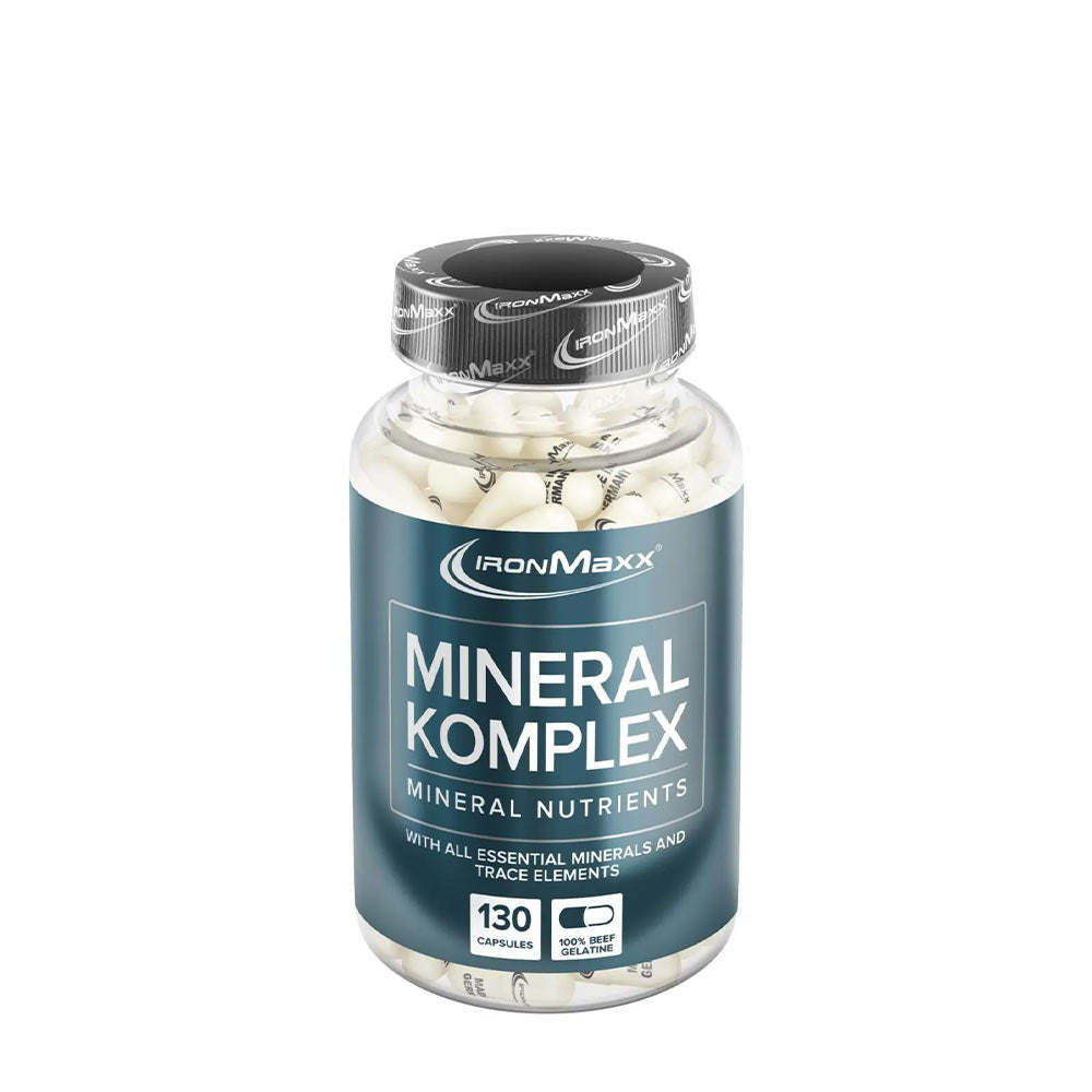 Ironmaxx Mineral Complex supplement bottle with 130 capsules providing essential minerals and trace elements.