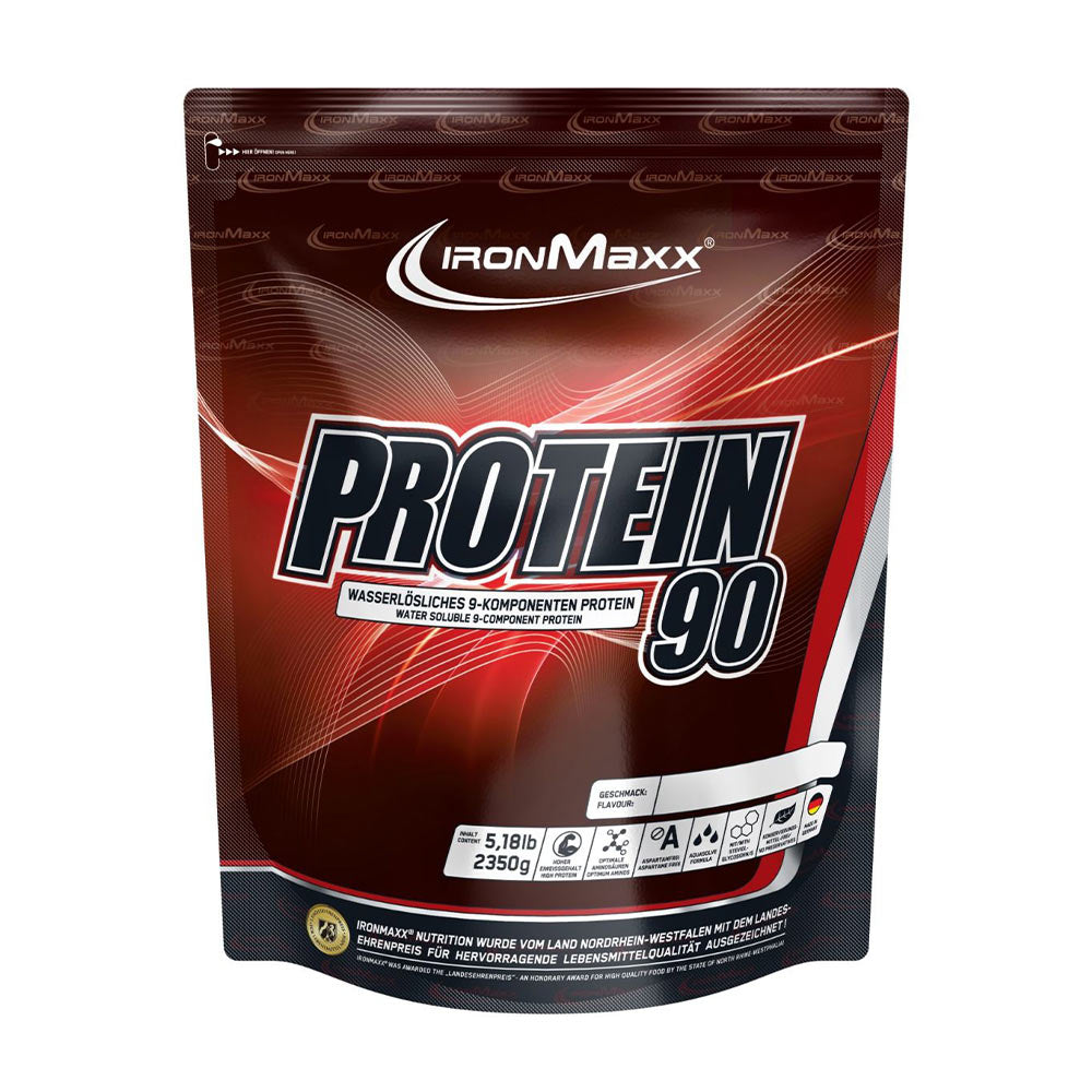 Ironmaxx Protein 90 protein powder package with high protein content and low sugar, ideal for muscle growth.