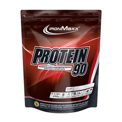 Ironmaxx Protein 90 protein powder package with high protein content and low sugar, ideal for muscle growth.