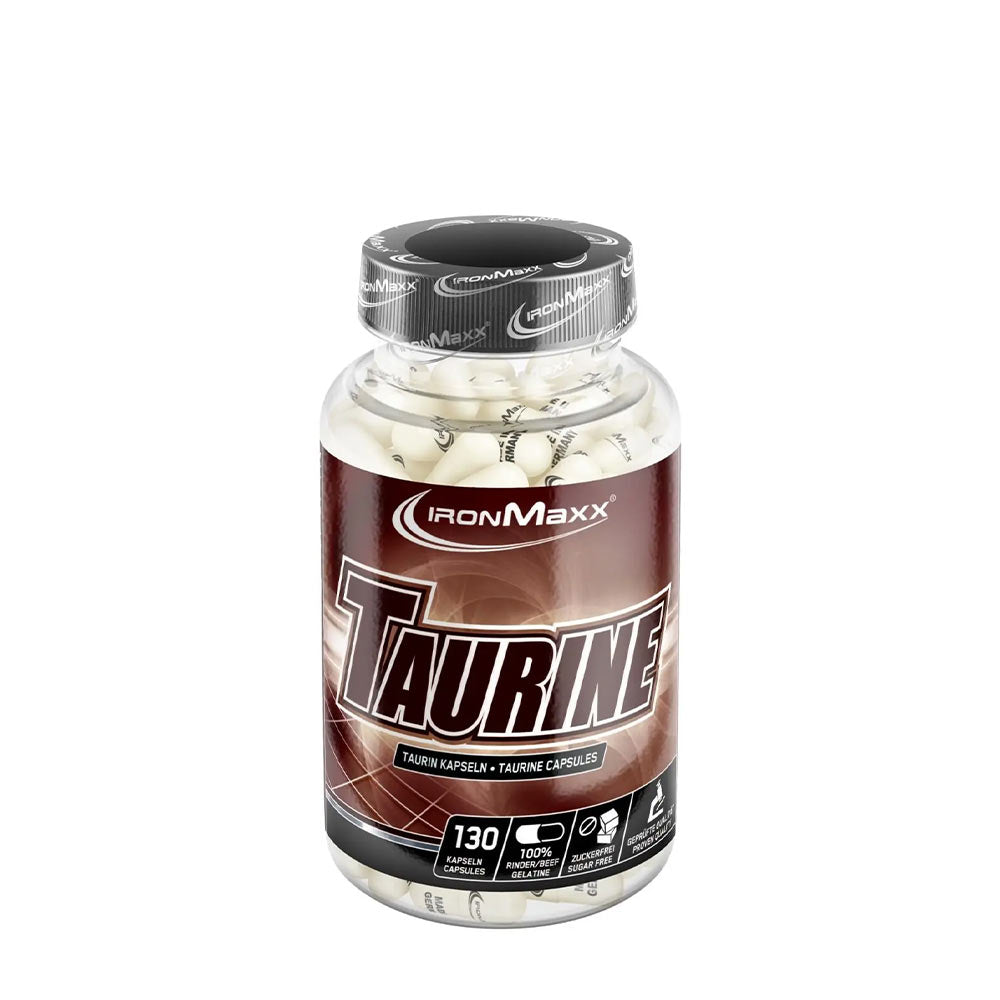 Ironmaxx Taurin Caps bottle with 130 capsules, high-concentration L-Taurin supplement for workouts.