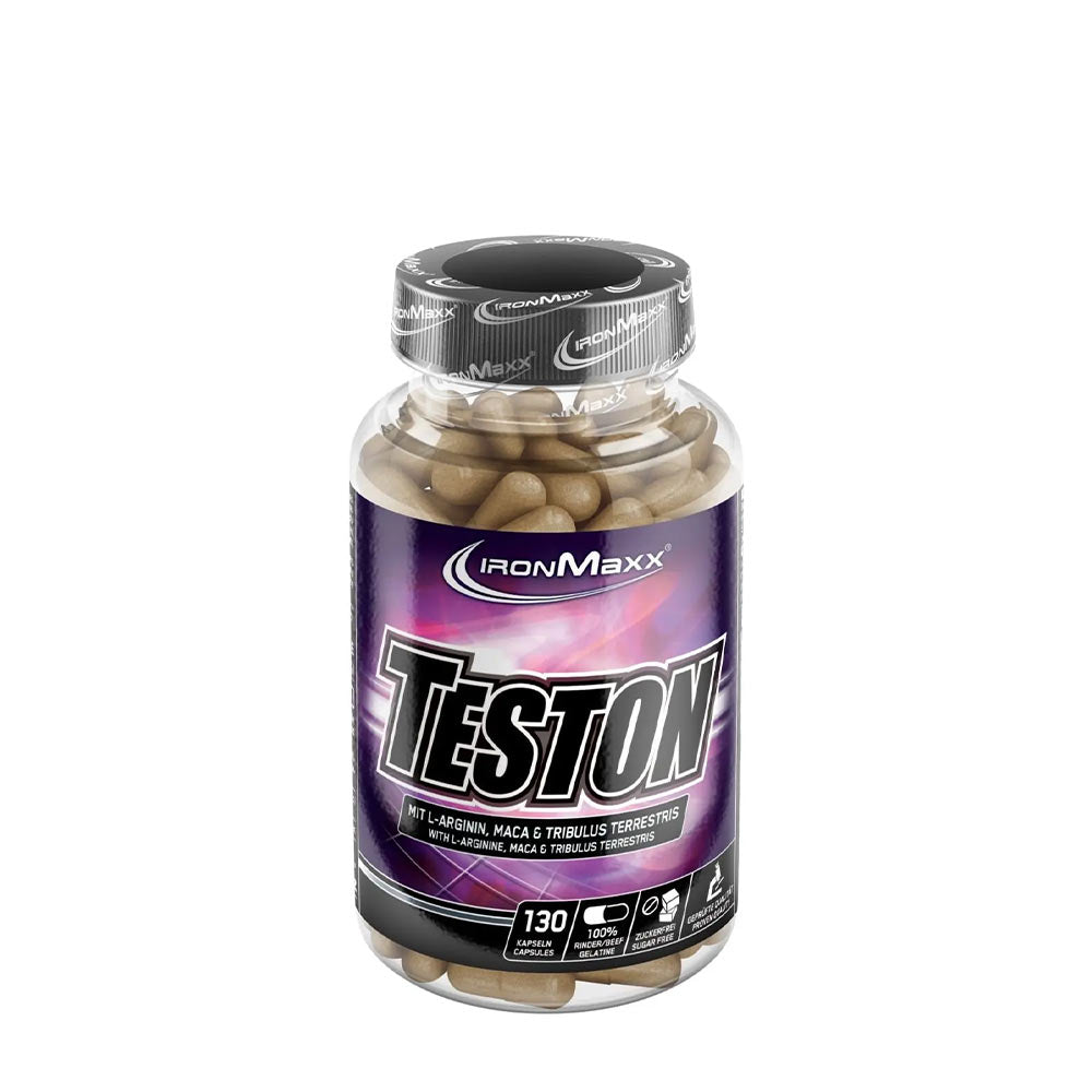Ironmaxx Teston Muscle Blaster capsules in a transparent bottle, featuring L-arginine, maca, and tribulus extracts.