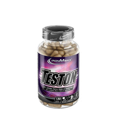 Ironmaxx Teston Muscle Blaster capsules in a transparent bottle, featuring L-arginine, maca, and tribulus extracts.