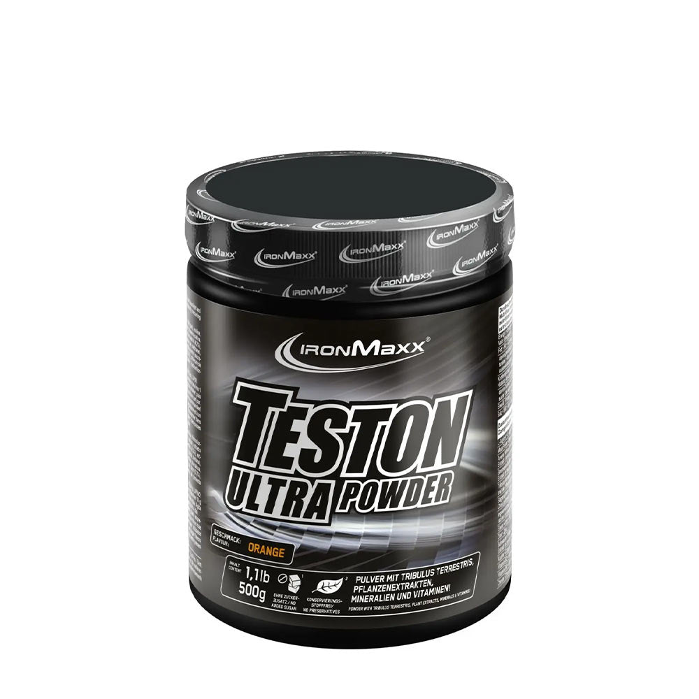 IronMaxx Teston Ultra Powder container showcasing orange flavor, packed with Tribulus Terrestris and vitamins.
