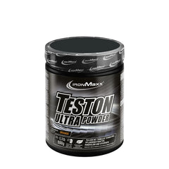 IronMaxx Teston Ultra Powder container showcasing orange flavor, packed with Tribulus Terrestris and vitamins.