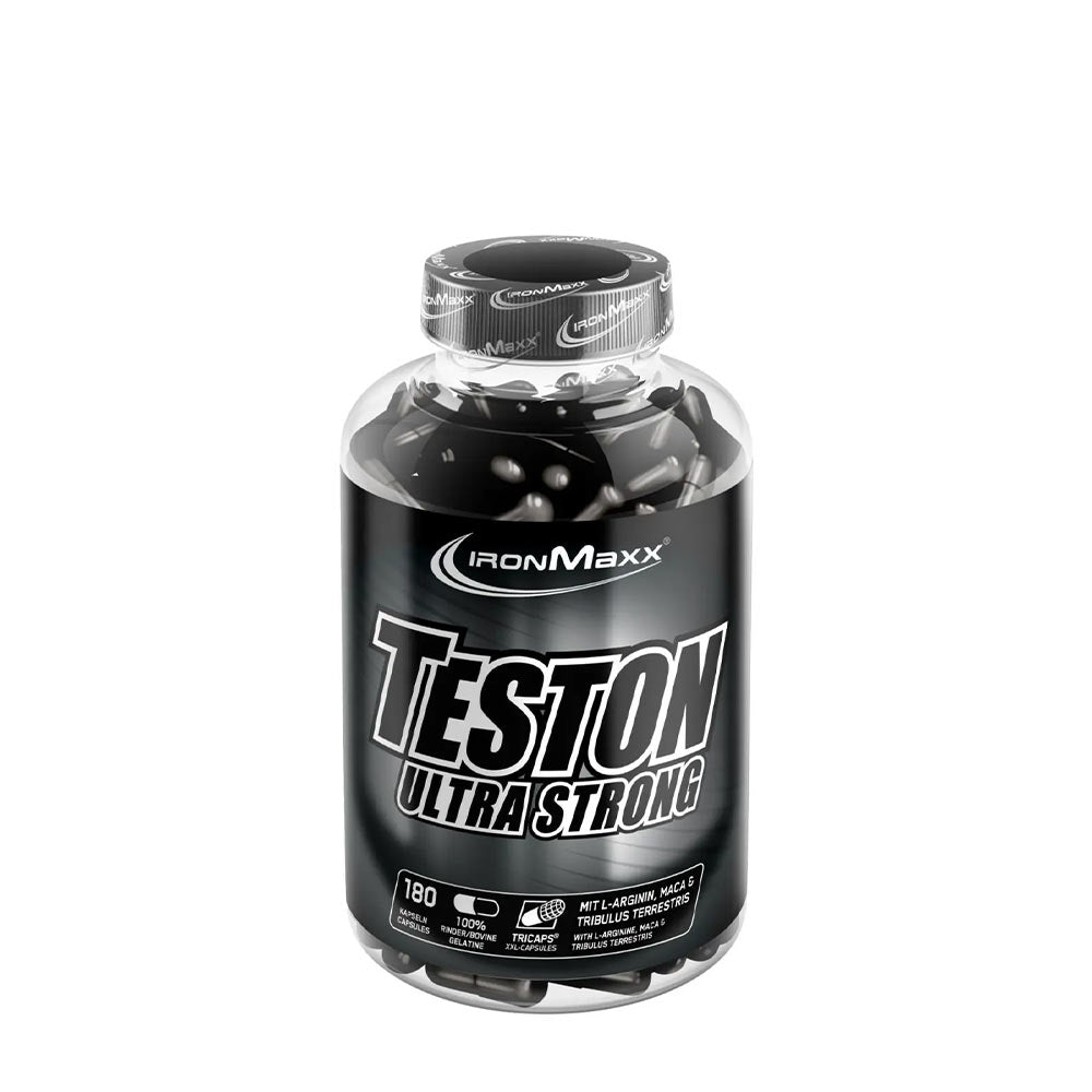Ironmaxx Teston Ultra Strong supplement bottle with 180 capsules for energy and testosterone support.