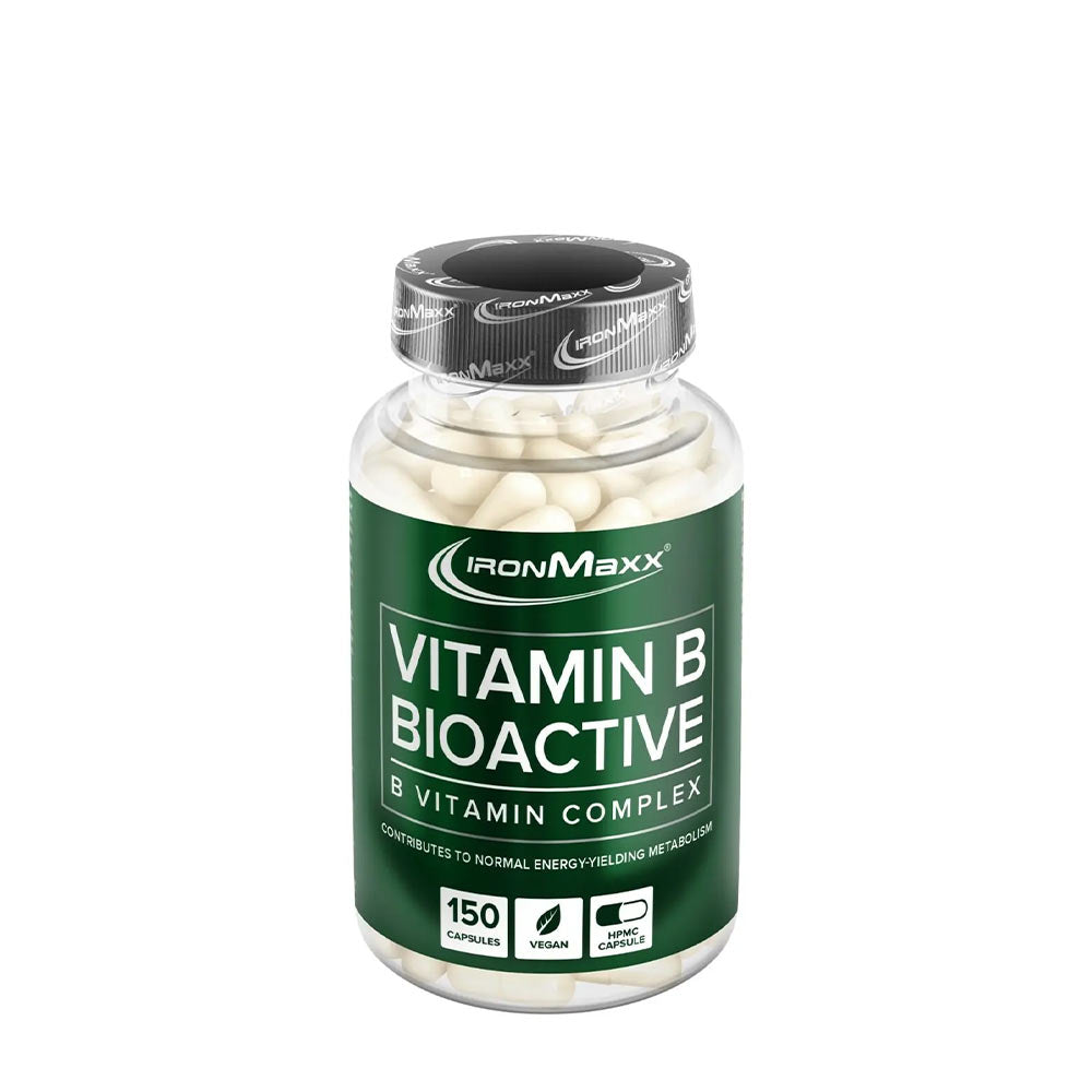 Ironmaxx Vitamin B Bioactive supplement bottle, B vitamin complex for energy and health, 150 vegan capsules.
