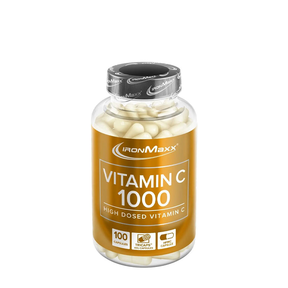 Ironmaxx Vitamin C 1000 supplement bottle with 100 high-dosed capsules for energy and immunity support.