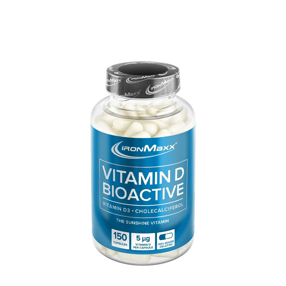 Ironmaxx Vitamin D Bioactive supplement bottle with 150 capsules, providing essential vitamin D3 for health.