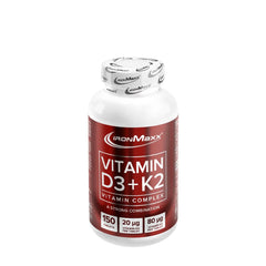 Ironmaxx Vitamin D3 + K2 supplement bottle with 150 tablets, supporting bone and immune health.