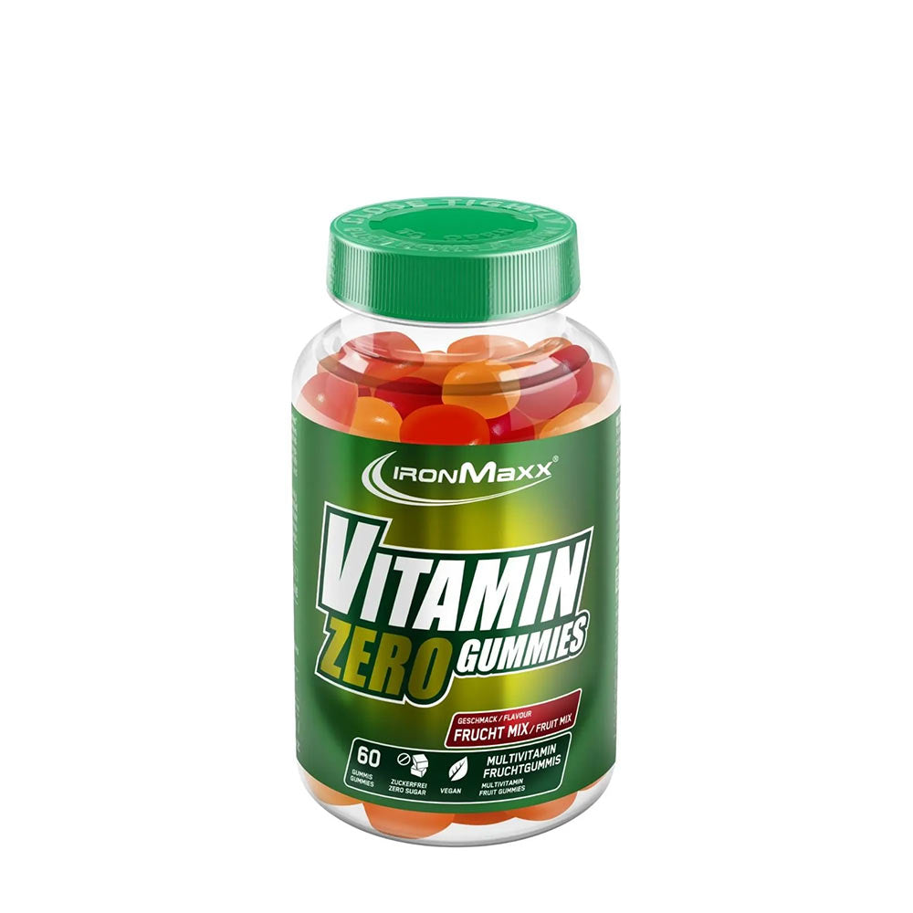 IronMaxx Vitamin Zero Gummies jar with fruity multivitamin gummies, providing essential daily vitamins.
