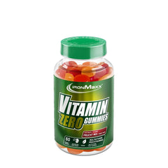 IronMaxx Vitamin Zero Gummies jar with fruity multivitamin gummies, providing essential daily vitamins.