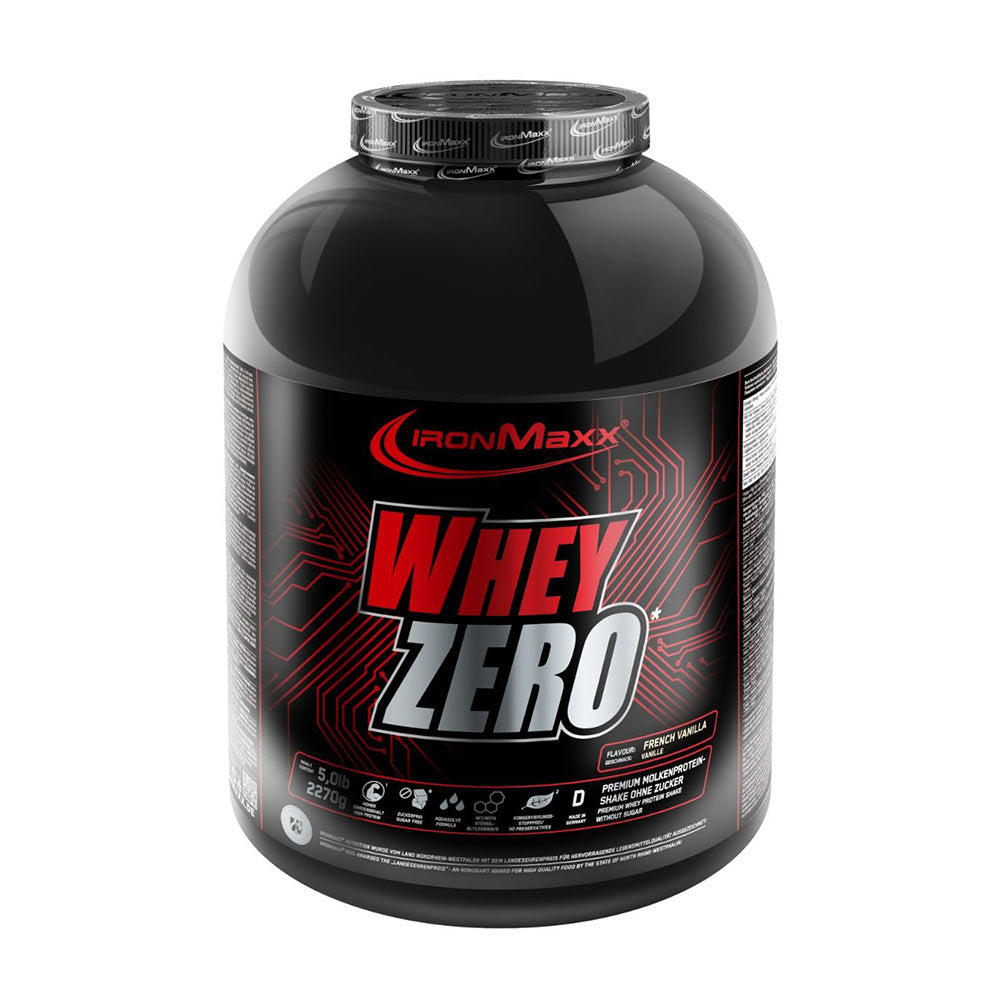 IronMaxx Whey Zero protein powder in French Vanilla flavor, promoting high protein and no sugar.
