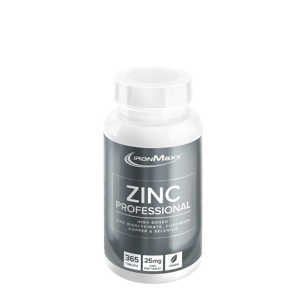 IronMaxx Zinc Professional supplement, 365 tablets, 25mg zinc, high-dose formula with copper and selenium.