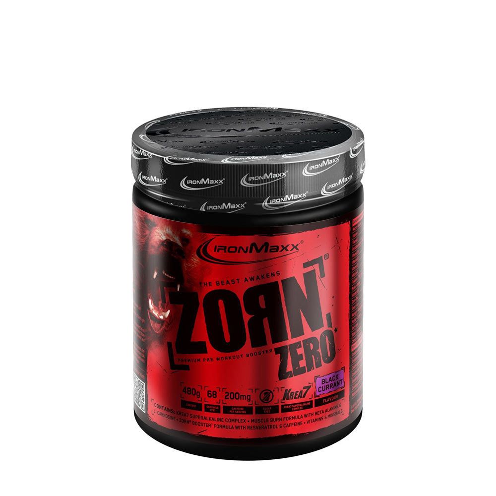 Ironmaxx Zorn Zero pre-workout booster supplement in black and red packaging, featuring Krea7 Complex and amino acids.