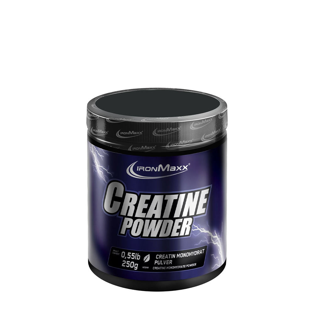 Ironmaxx Creatine Powder container, 250g of high-quality creatine monohydrate for enhanced athletic performance.