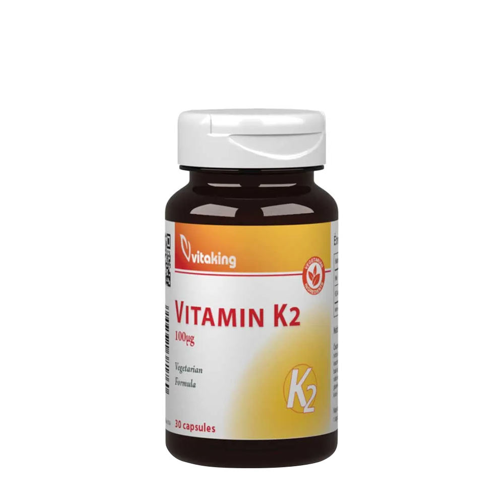 Vitaking Vitamin K2 supplement bottle, 100 mcg, 30 vegetarian capsules for bone and heart health.